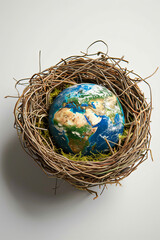 Obraz premium Conceptual image of conservation, environment, population growth, and earth protection represented by a globe in a lined nest
