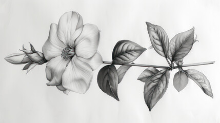  a black and white drawing of a branch with leaves and a flower with a single flower in the middle of the branch and a single flower in the middle of the branch.