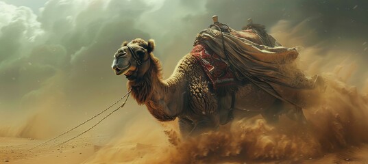 Camel at desert. Generative AI technology.	
 - obrazy, fototapety, plakaty