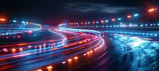 Light trails on circuit track. Fast motion effect. Generative AI technology.