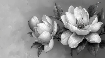  a black and white photo of two flowers on a gray and white background with a black and white photo of two flowers on a gray background with a black and white border.
