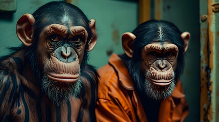 Criminal style chimpanzees - obrazy, fototapety, plakaty