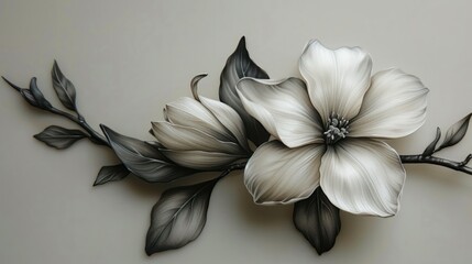  a painting of a white flower with black leaves on a gray background with a black and white flower on the left side of the picture, and a black and white flower on the right side of the.