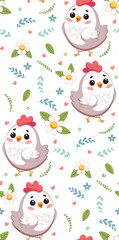 Cartoon chicken with flowers pattern