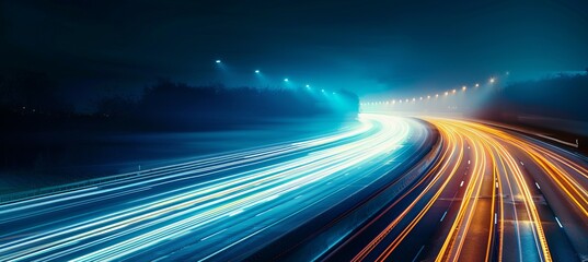 Fast speed light trails motion on night highway. Generative AI technology.
