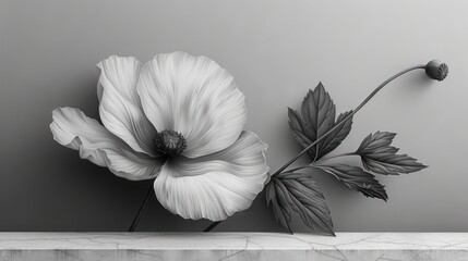  a black and white photo of a flower and a leaf on a stone ledge with a gray wall in the background and a gray and white wall in the foreground.