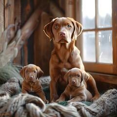 a Vizsla dog mom with Vizsla puppies on the floor of an old wooden cabin