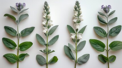 four different types of flowers and leaves on a white surface with green leaves and white flowers on each side of the stems and on the other side of the stems. - obrazy, fototapety, plakaty
