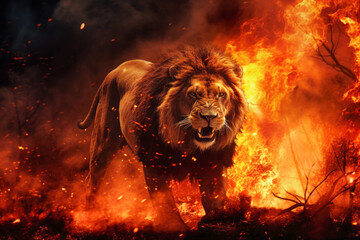 A lion standing in front of a raging wildfire in the forest, symbolizing the threat of environmental destruction - obrazy, fototapety, plakaty