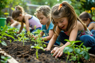 Kids at a community garden, tending to their plants and flowers with enthusiasm