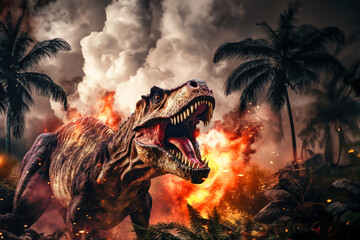 Tyrannosaurus T-rex ,dinosaur on smoke and fire background. Dinosaur in the ancient jungle....