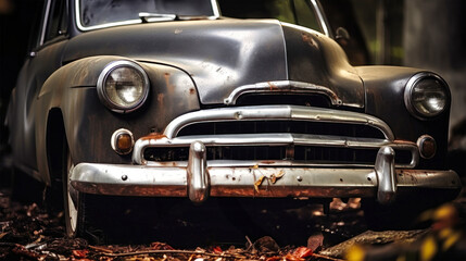 Old Car Parked in Pile of Leaves