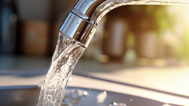 A detailed view of a faucet running water in a sink, emphasizing water conservation and the importance of saving drinking water