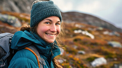 A woman with a backpack smiles at the camera in a mountainous setting