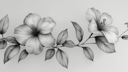  a black and white photo of a flower on a branch with leaves on a light gray background with a black and white drawing of a branch with flowers and leaves.