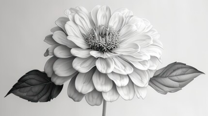  a black and white photo of a large flower with leaves on it's stem and a single flower in the middle of the picture, on a white background.