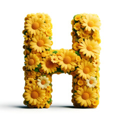 The letter H is made out of real natural Yellow flowers, Isolated on a white background, flower font concept, Creative Alphabet, Letters