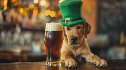 Dog in Saint Patrick's Day leprechaun party hat with beer. Dog in irish pub. Saint Patrick's day theme	
 - obrazy, fototapety, plakaty