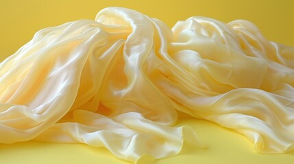  a pile of white fabric sitting on top of a yellow table next to a bottle of liquid and a cup of coffee on top of a yellow table next to a yellow table.