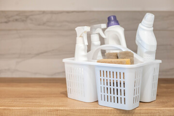 Chemical detergent bathroom laundry hygiene cleaning plastic basket storage organizing wooden table