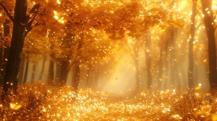  a forest filled with lots of trees covered in lots of yellow leaves and a bright light coming from the top of the trees is shining down on the leaves and the ground.