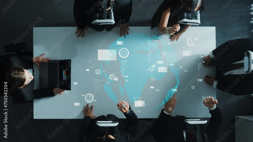Poster professional investor using laptop send data analysis to business group wear vr glass with hologram 
