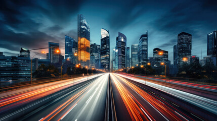 Fototapeta premium Nighttime City Skyline With Long Exposure, Blurred Lights, Selective Focus
