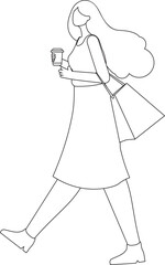 Girl hold coffee cup and walk line art