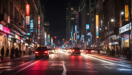 Fototapeta premium A bustling city street at night, captured in a long exposure photograph, where the lights of moving cars blur into vibrant streaks against a dark backdrop Generative AI