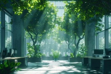 A large room with a lot of greenery and sunlight
