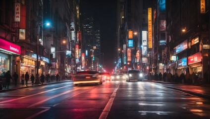 Obraz premium A bustling city street at night, captured in a long exposure photograph, where the lights of moving cars blur into vibrant streaks against a dark backdrop Generative AI