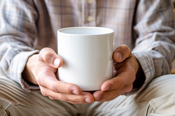 Mug Mock-Up, Close-up of man holding white coffee mug, Mockup white ceramic mug