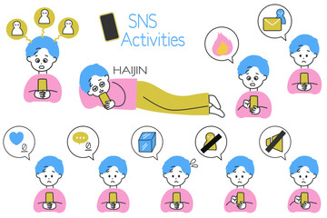 SNS運用の図解制作に便利！SNSで悩む男性と吹き出しアイコンのセット