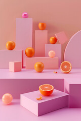 Tangerines or Oranges displayed on pink 3d geometric shapes