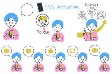 SNS運用の図解制作に便利！SNSを楽しむ男性と吹き出しアイコンのセット