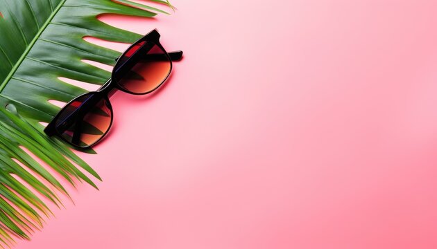summer vacation flat lay, space for text. stylish black photo camera with green palm leaves, sunglasses and phone on trendy pink background. modern hipster travel image. on white background 