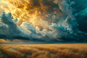 A stormy sky with a bright orange cloud in the middle - obrazy, fototapety, plakaty