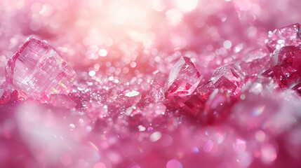Background with pink crystals. Pink glass crystals with reflections of light. Abstract background with bokeh effect. AI generative