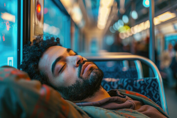 Mid adult taking a nap while traveling by public transport - obrazy, fototapety, plakaty