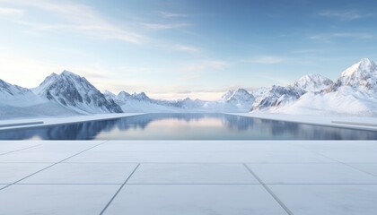 Square concrete floor with amazing winter snow mountain landscape