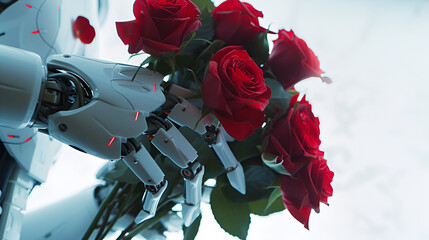 Humanoid robot hand holding a bouquet of red rose flowers isolated on white background with copy space. generative ai