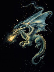 Blue dragon illustration, Dragon flying in the sky on black background,fantastic dragon tattoo illustration.