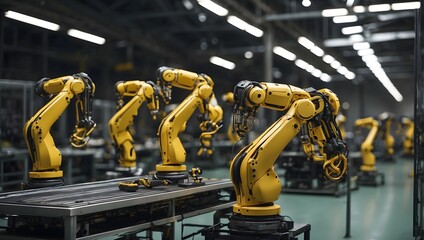 A scene capturing robotic arms in synchronized action within a modern factory setting, underscored by an advanced digital communication system Generative AI - obrazy, fototapety, plakaty