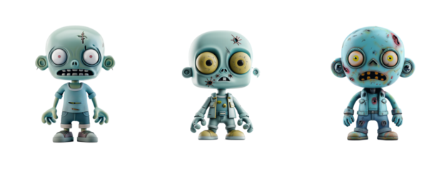 Three of a zombie character design. The designs are in a cute cartoon style with a simple white background.