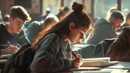 Girl student prepare for exams. Teen write something, read books. - obrazy, fototapety, plakaty
