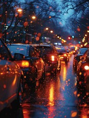 A busy street with cars driving in the rain