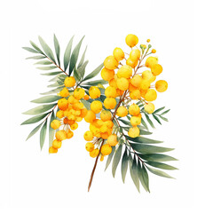 Mimosa flower watercolor illustration isolated on white background, hand drawn colorful sketch, for design greeting card 8 March, Women's day, wedding invitation, packaging cosmetic, beauty salon