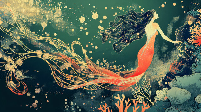 Illustration of  mermaid with long hair in the underwater magical world. Fairy tale concept.