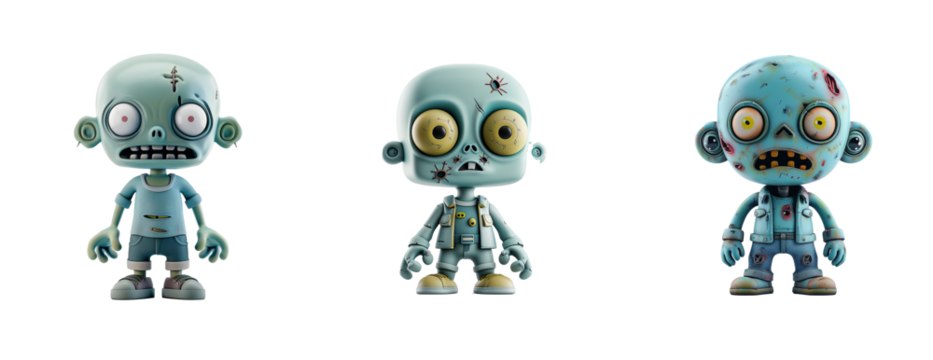 Three of a zombie character design. The designs are in a cute cartoon style with a simple white background.