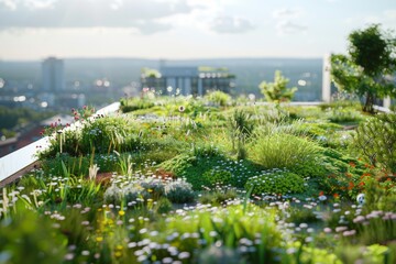 A lush green garden with a view of a city in the background